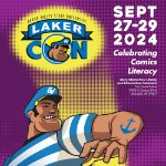 Laker Con Save the Date for September 27 - 29. Louie the Laker answering the Laker Con signal over the Mary Idema Pew Library on September 27, 2024